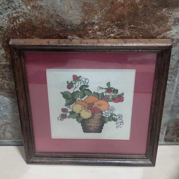 Vintage Framed Cross Stitch Fruit Basket Wall Artwork Hanging Decor - Picture 3 of 10